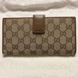 GUCCI GG SUPREME Pebbled Leather Brown Logo Canvas Billfold Long Wallet